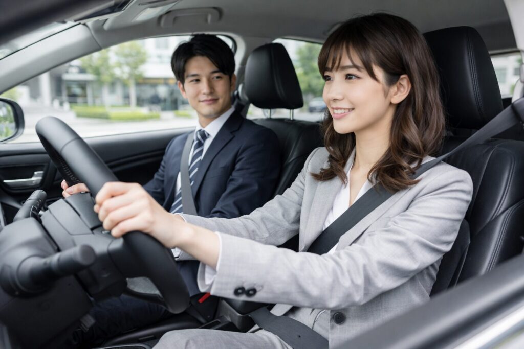 運転席に座る会社員の女と助手席に座る会社員の男
