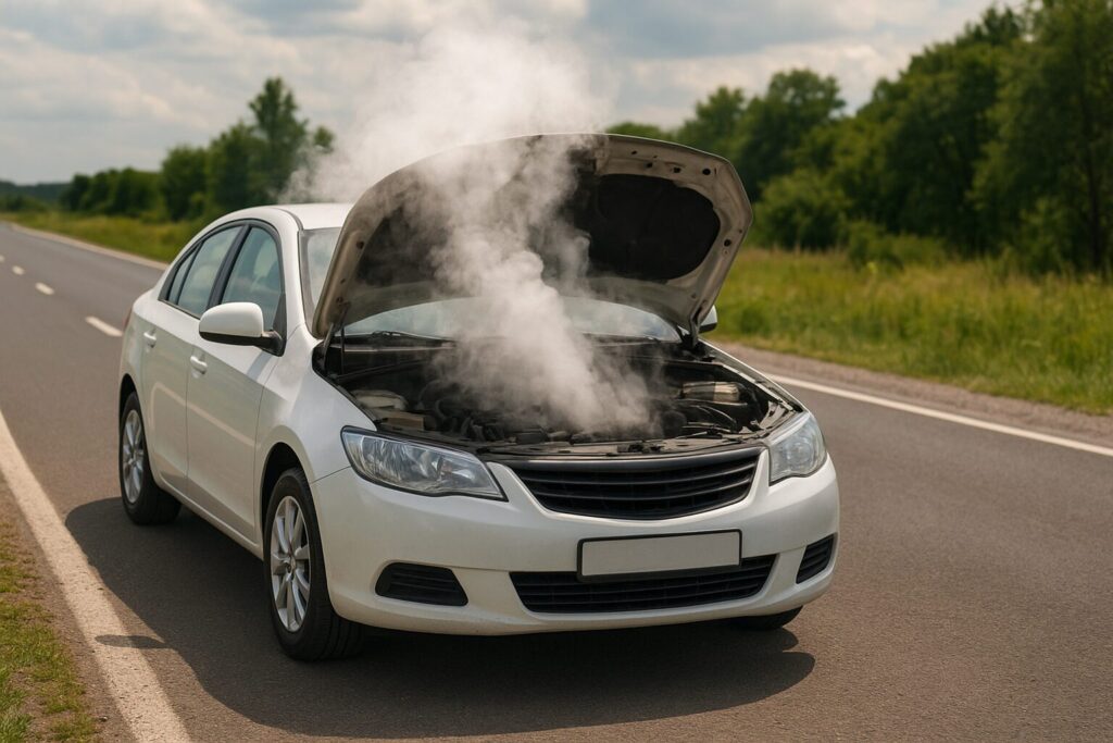 オーバーヒートして煙を出して停車する車