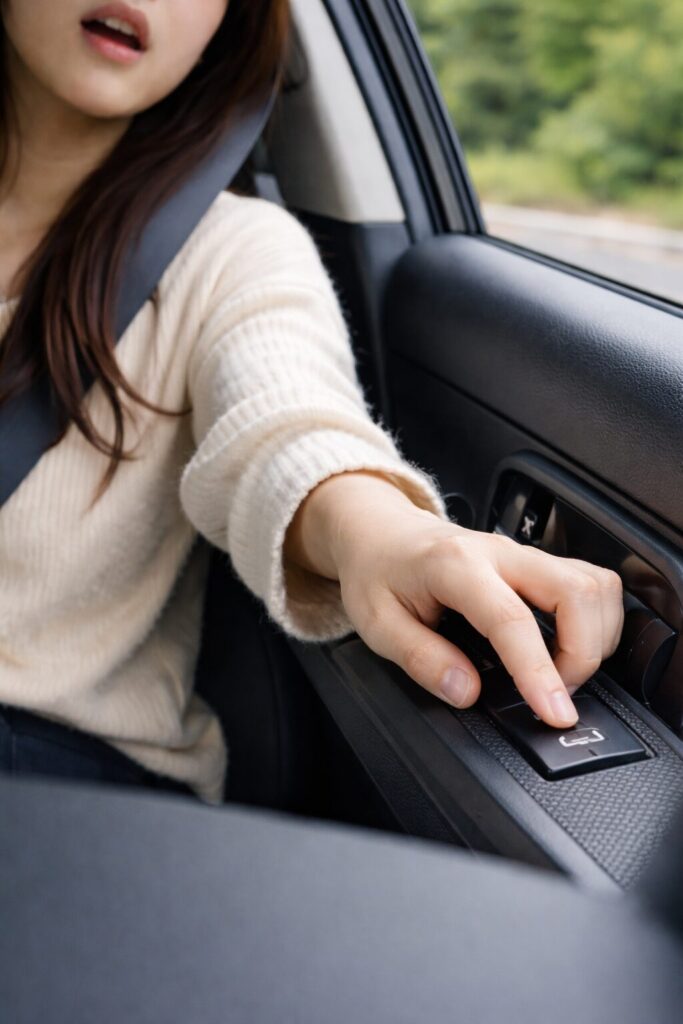 助手席で窓を開けて換気する女