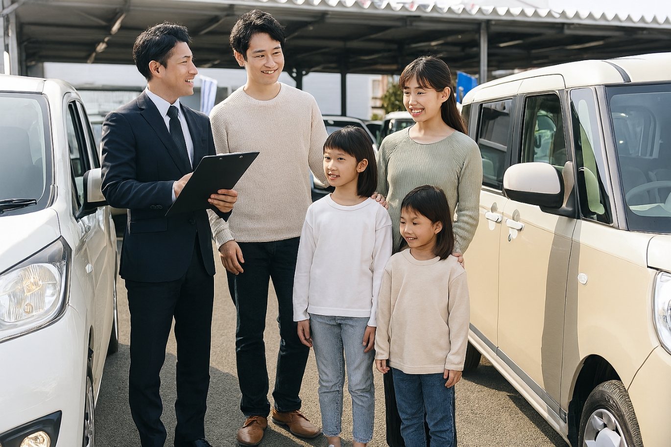 ディーラーで軽自動車を見る4人家族