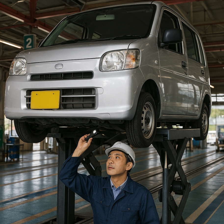 軽自動車をリフトアップして下回りの点検中