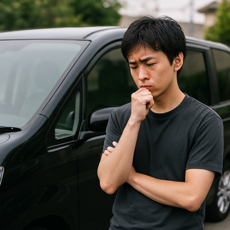 車の前で悩む男