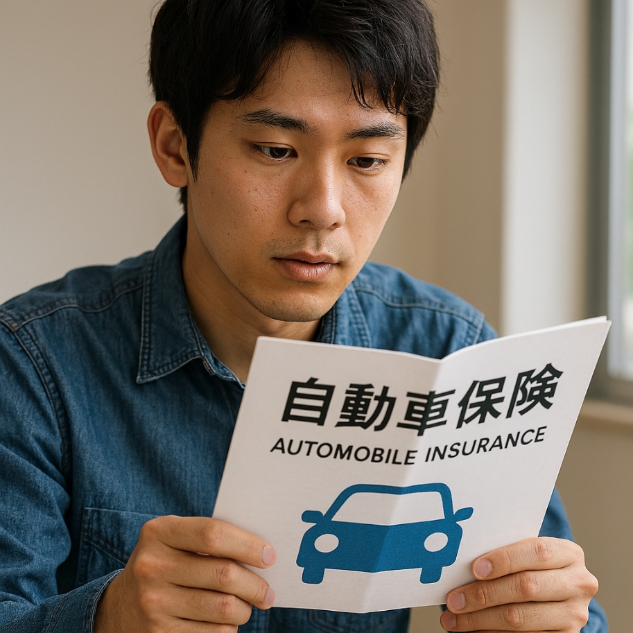 自動車保険のパンフレットを見る男