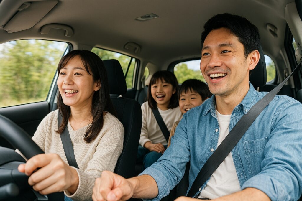 ドライブを楽しんでいる軽自動車車内の4人家族