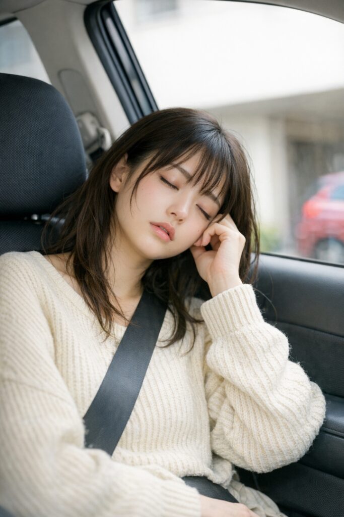 助手席で眠る若い女性