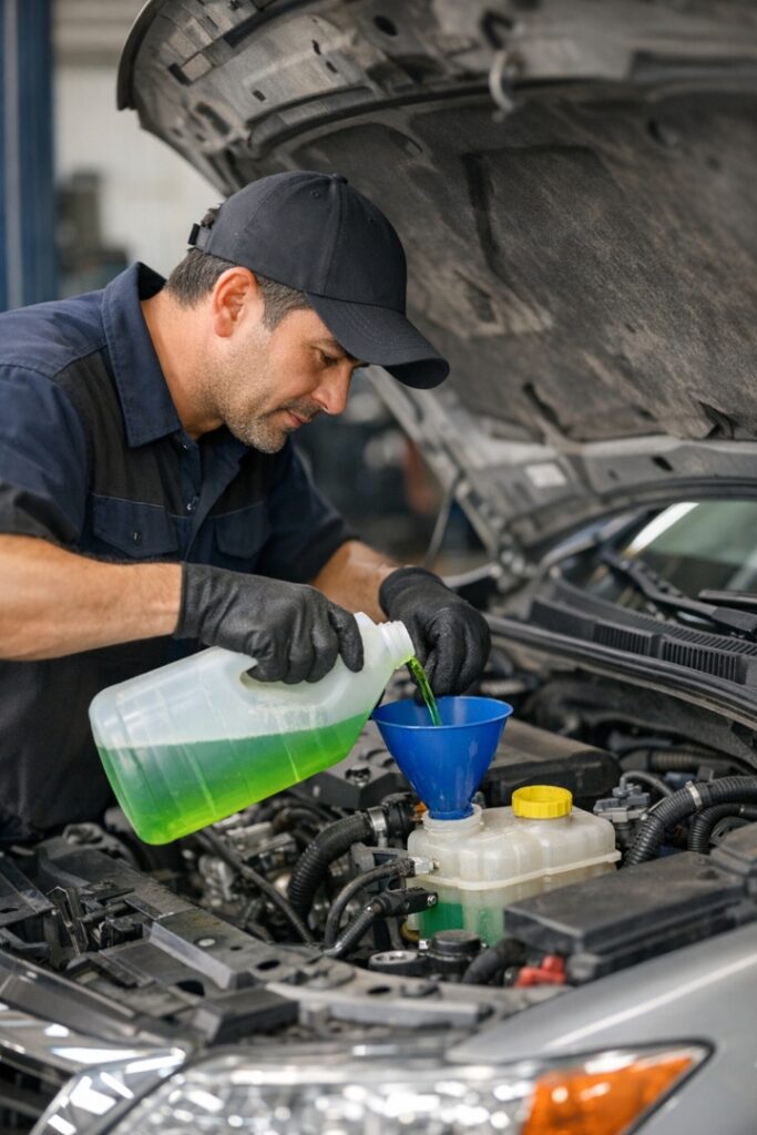 冷却水を補充する整備士