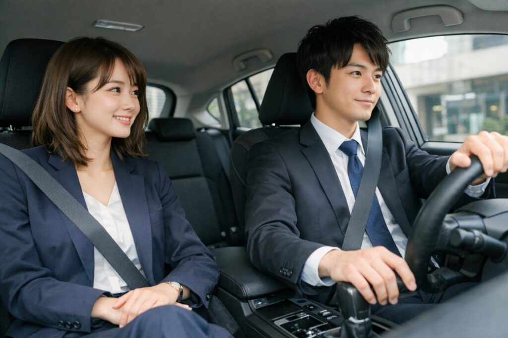 運転席に座る会社員の男と助手席に座る会社員の女