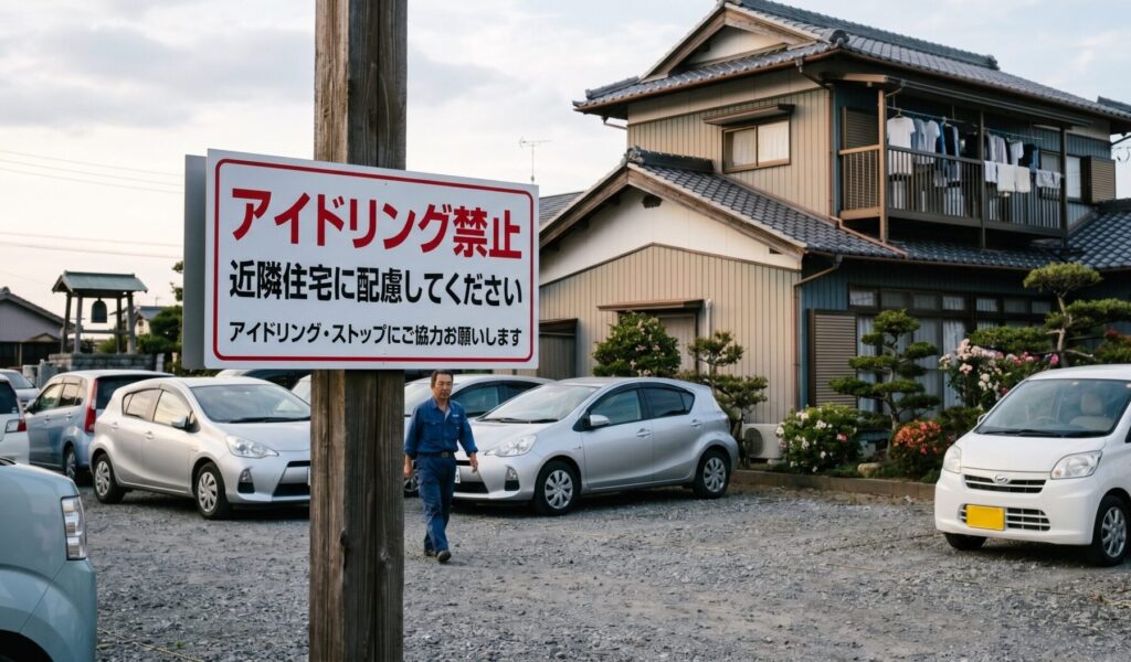 駐車場に表示されるアイドリングストップの看板