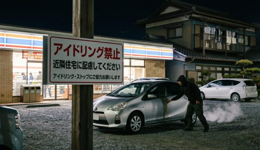 コンビニでアイドリングしてる車に近づく怪しい男