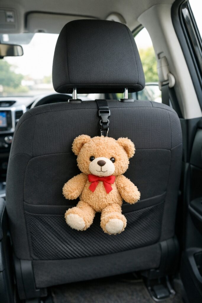 助手席のヘッドレストの柱にぶら下げられたぬいぐるみ