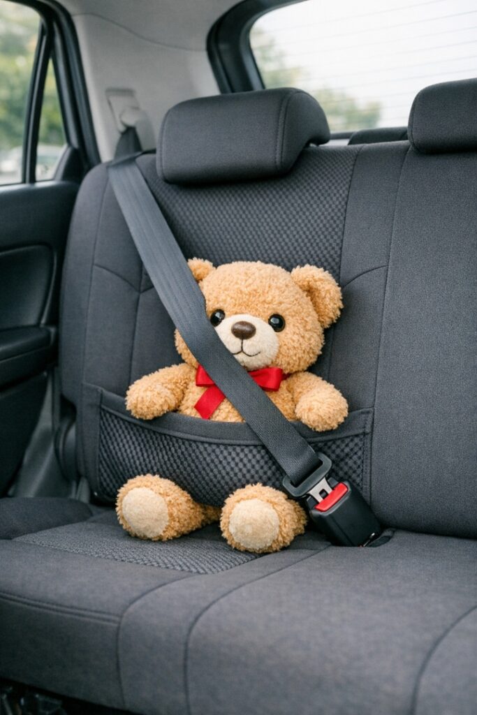 後部座席に置いたぬいぐるみにシートベルトがされている